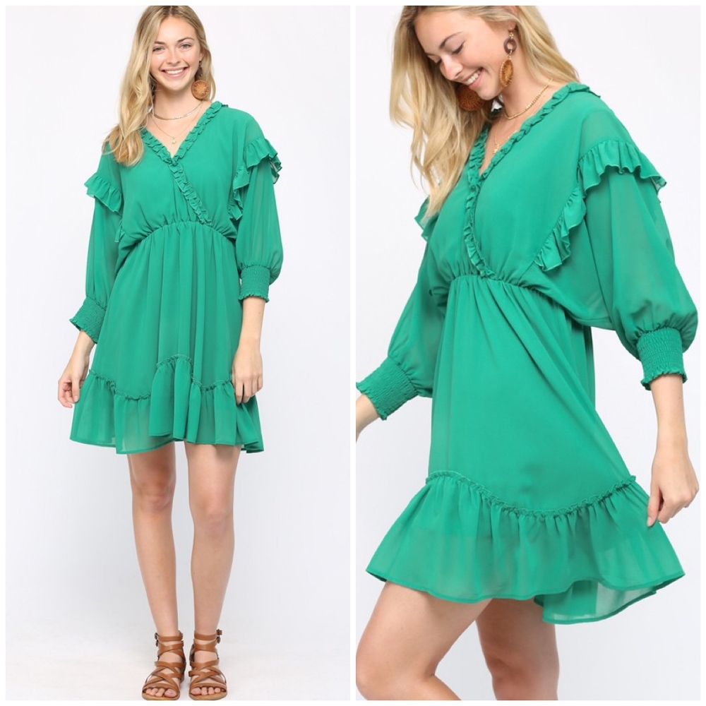 GIGIO Emerald Green 3/4 Batwing Short Dress - Picture 3 of 6